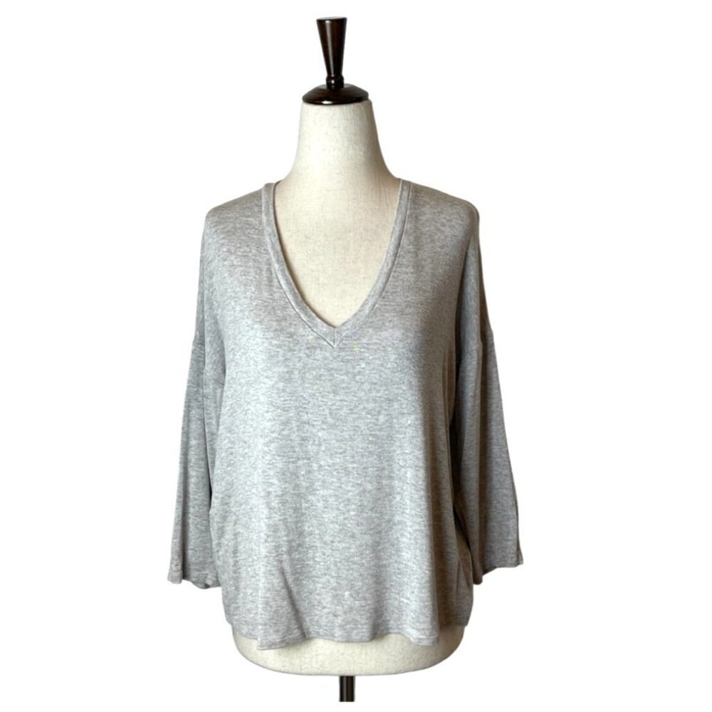 Mango MNG Solid Gray Drop Shoulder V Neck Oversized‎ Top Size XS